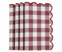 Set of dark red and white gingham cotton dinner napkins with red scalloped embroidered edges