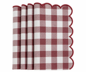 Set of dark red and white gingham cotton dinner napkins with red scalloped embroidered edges