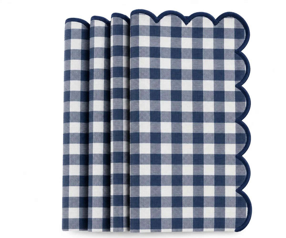 Set of Navy blue and cream gingham cotton dinner napkins with red scalloped embroidered edges