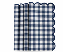 Set of Navy blue and cream gingham cotton dinner napkins with red scalloped embroidered edges