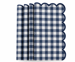 Set of Navy blue and cream gingham cotton dinner napkins with red scalloped embroidered edges