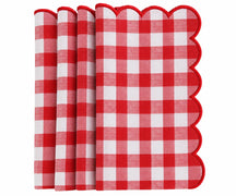 Set of Red and white gingham cotton dinner napkins with red scalloped embroidered edges