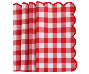 Set of Red and white gingham cotton dinner napkins with red scalloped embroidered edges