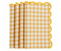 A stack of Yellow and white gingham check paper napkins with scalloped edges, shown on a clean white background.
