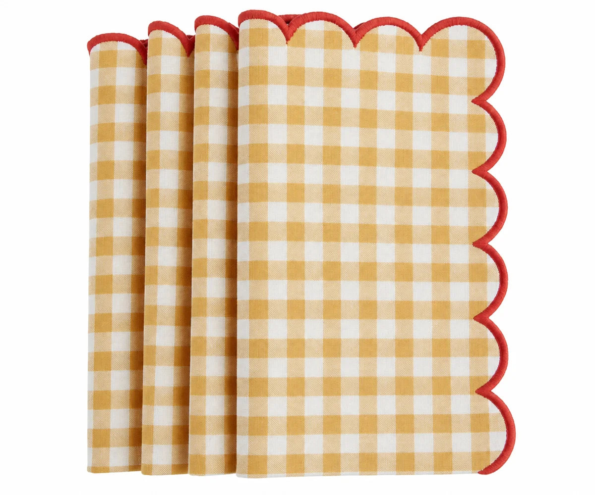 Set of yellow and white gingham cotton dinner napkins with red scalloped embroidered edges