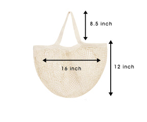 One cotton string bag laid flat showcasing its dimensions