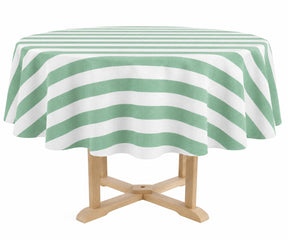 Round cotton tablecloth with classic cabana stripe pattern on a dining table, suitable for everyday meals, farmhouse décor, and special occasions.