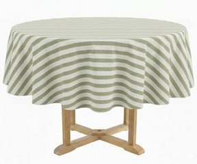 54 inch round green and white striped cotton tablecloth for farmhouse dining table with woven natural fabric.