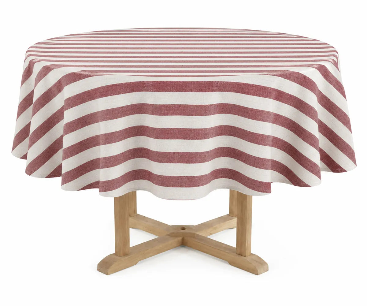 Terracotta cabana striped round tablecloth made from a cotton linen blend for dining tables, farmhouse decor, everyday meals, and special occasions.