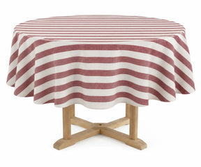 Terracotta cabana striped round tablecloth made from a cotton linen blend for dining tables, farmhouse decor, everyday meals, and special occasions.
