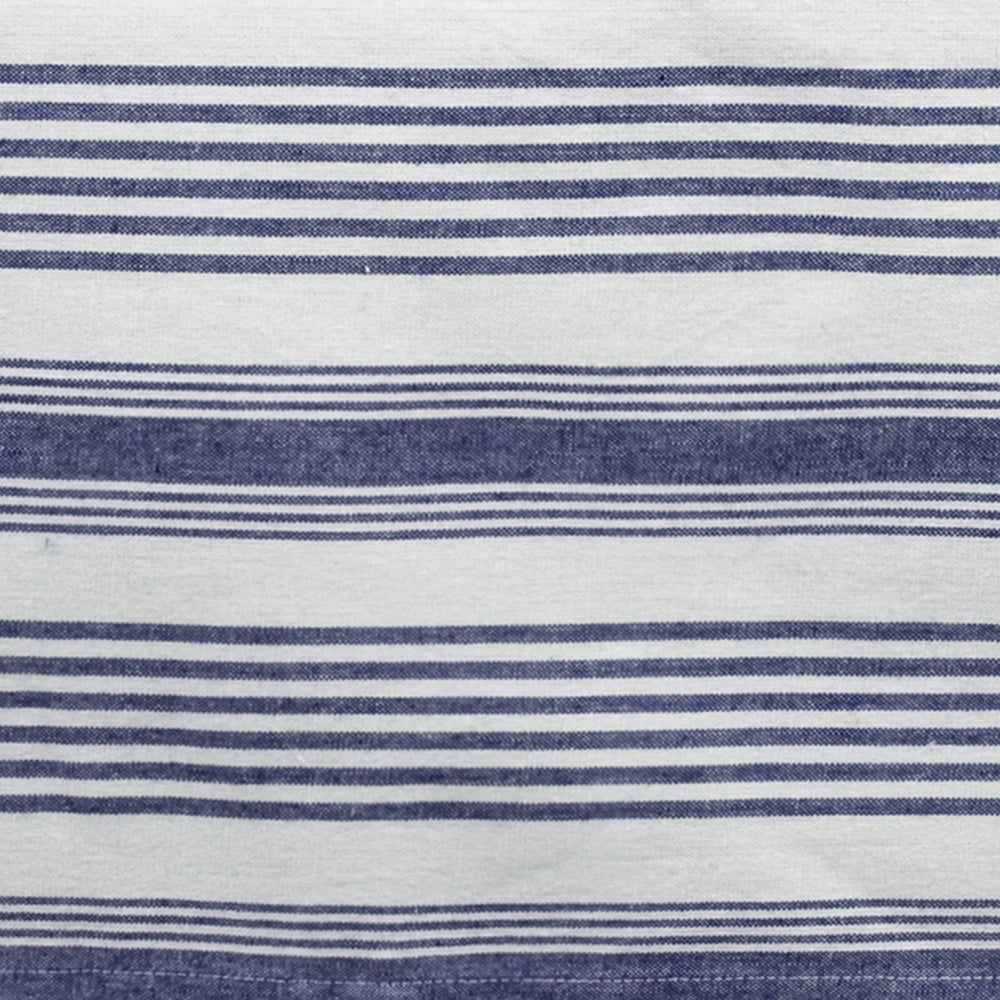 Blue white striped rectangular tablecloth with elegant drape on dining table, made form 100% cotton
