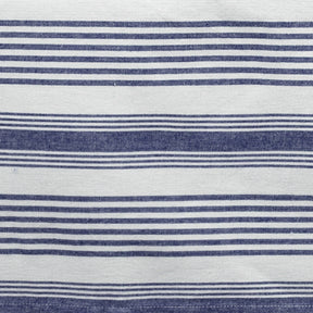 Blue white striped rectangular tablecloth with elegant drape on dining table, made form 100% cotton