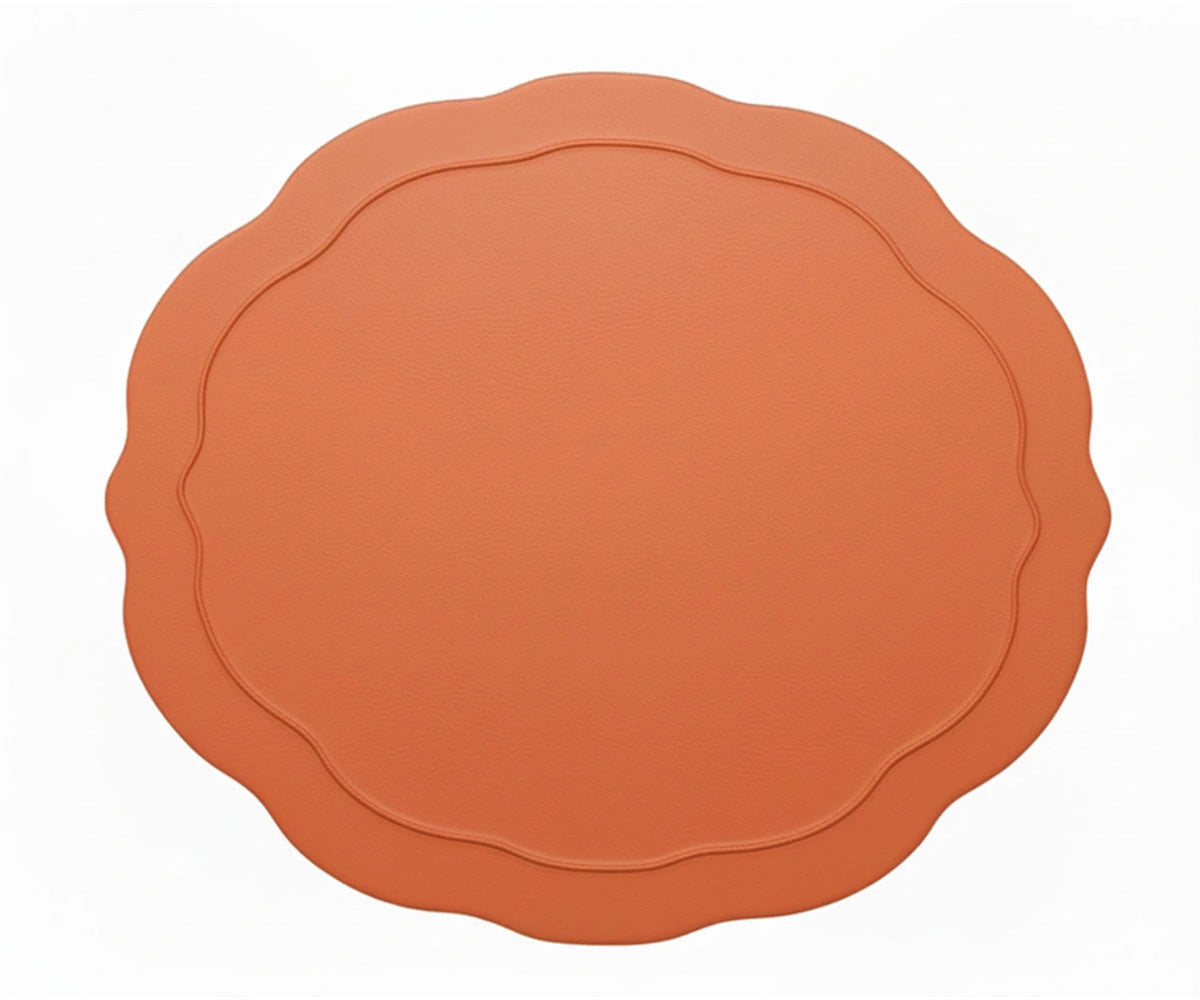 Embroidered terracotta oval cotton placemats with double scalloped border, sustainable table mats ideal for festive dining, weddings, and everyday table décor.