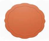 Embroidered terracotta oval cotton placemats with double scalloped border, sustainable table mats ideal for festive dining, weddings, and everyday table décor.