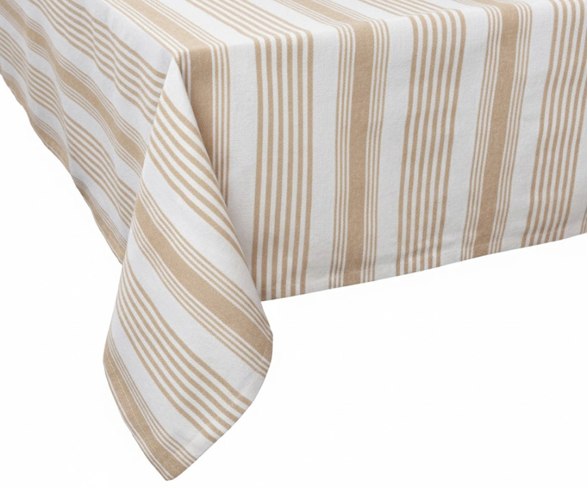 Beige striped cotton tablecloth styled in farmhouse dining setting