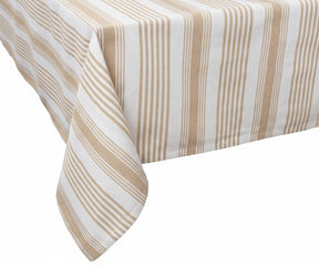 Beige striped cotton tablecloth styled in farmhouse dining setting