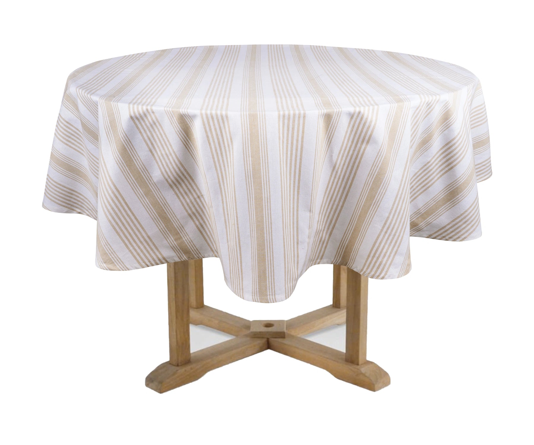 Beige and white round tablecloth made from 100% cotton with classic French stripes