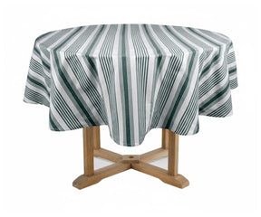 Green and white French striped round cotton tablecloth for farmhouse dining