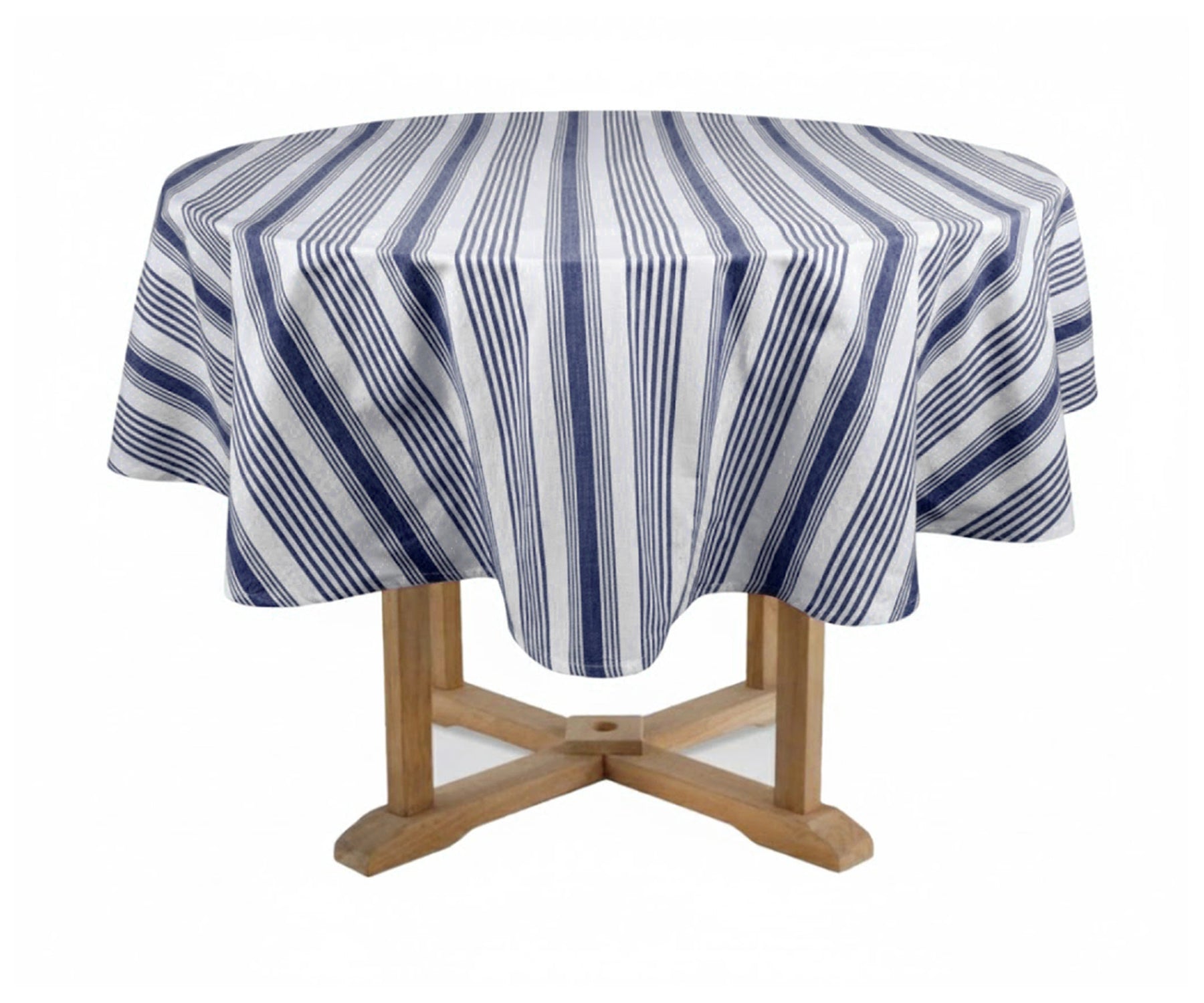 Modern farmhouse navy and white round tablecloth made from breathable cotton