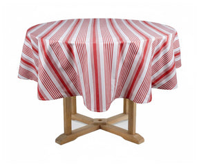Red and white striped round cotton tablecloth with classic French farmhouse design