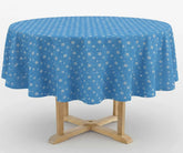 60 inch blue and white round tablecloth with small checkered pattern on dining table