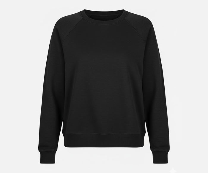 Women's black organic cotton pullover sweatshirt with long sleeves, regular fit, eco-friendly sustainable fashion
