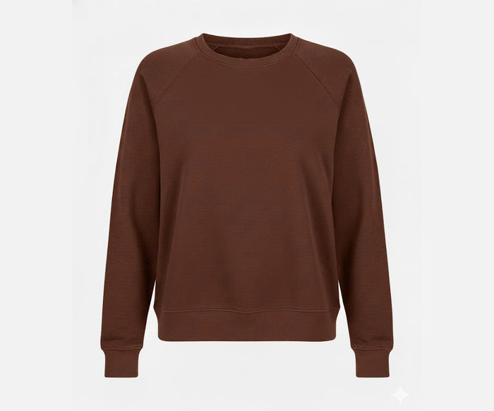Brown crew neck sweatshirt for women made with soft cotton fabric and a classic round neckline. Comfortable and stylish for everyday casual wear and layering.