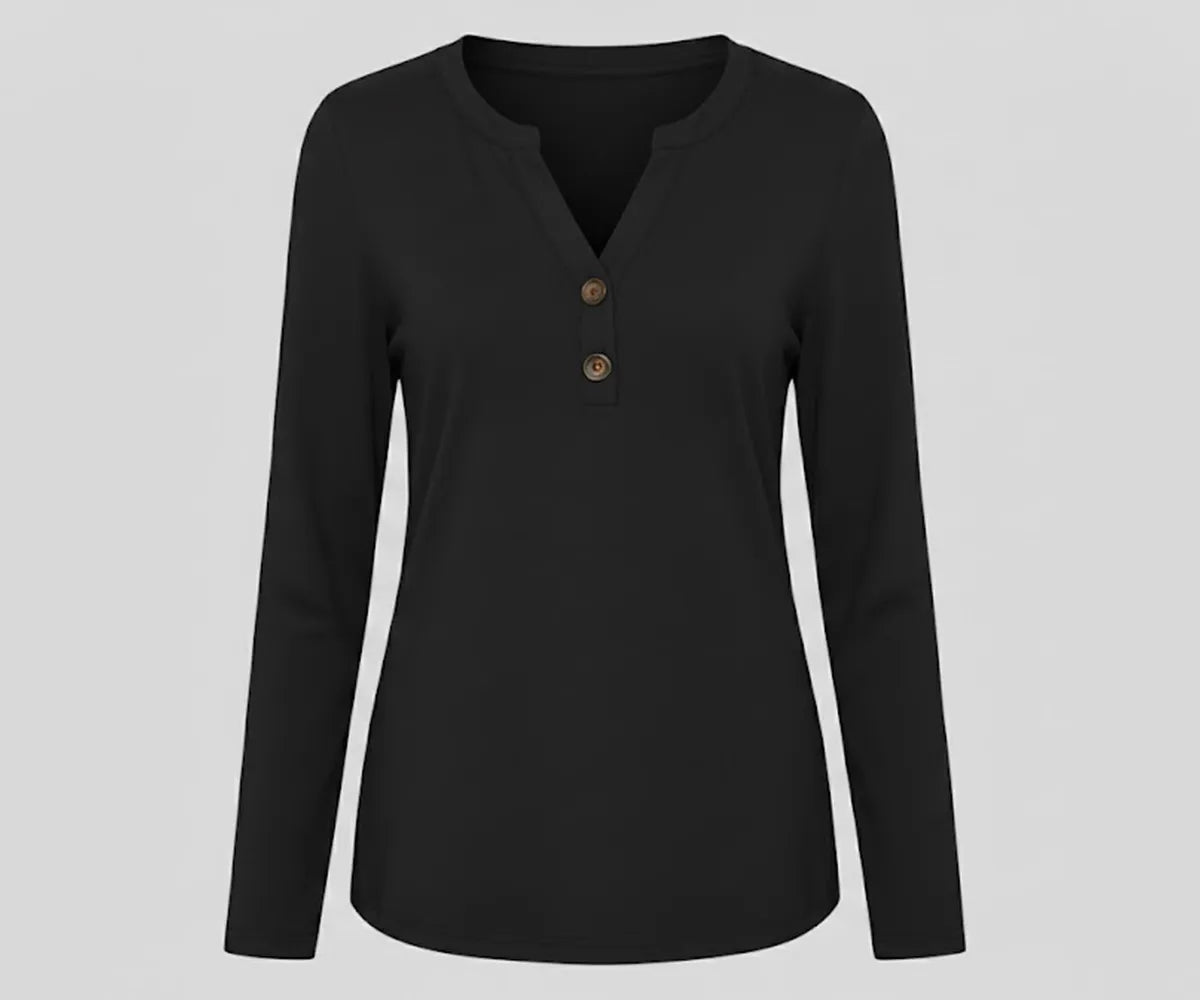 Women’s black V-neck long sleeve organic cotton t-shirt styled for everyday comfort and a sleek minimalist look.