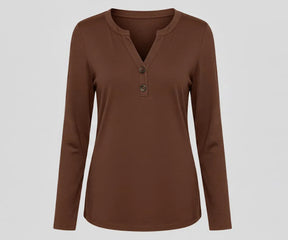 Women’s brown V-neck organic cotton full sleeve t-shirt highlighting a warm, earthy shade for relaxed everyday styling.
