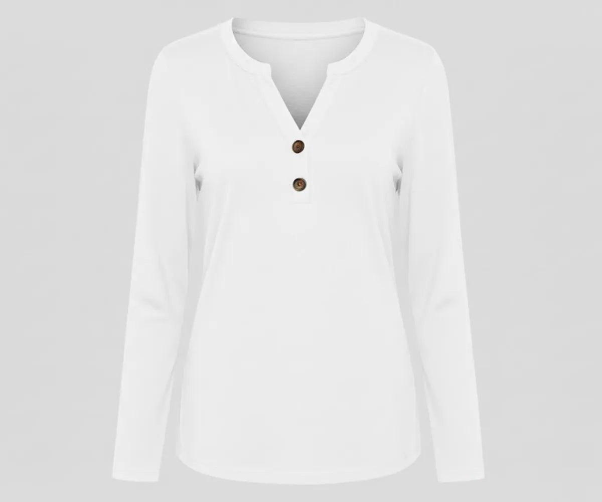 Women’s white V-neck long sleeve organic cotton tee offering a clean, fresh, breathable style for daily wear.
