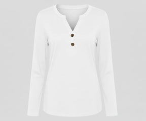 Women’s white V-neck long sleeve organic cotton tee offering a clean, fresh, breathable style for daily wear.
