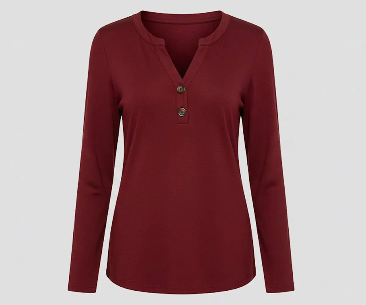 Women’s red V-neck full sleeve organic cotton t-shirt with a vibrant, bold finish perfect for casual and chic outfits.