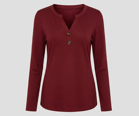 Women’s red V-neck full sleeve organic cotton t-shirt with a vibrant, bold finish perfect for casual and chic outfits.