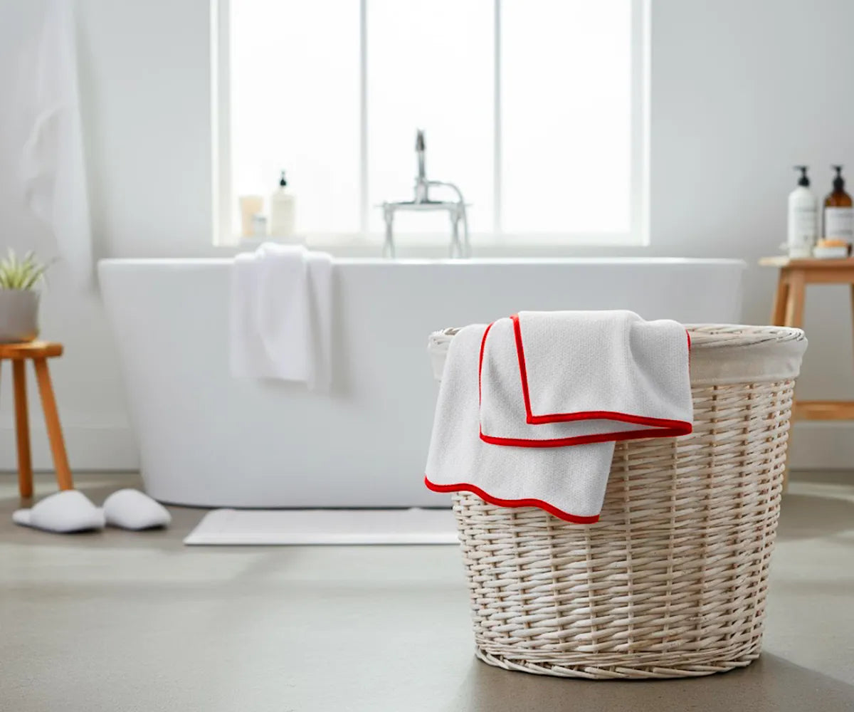 White Cotton Bath Towel with Red Border 30x60 Inches – 100% pure cotton towel featuring a crisp white base and elegant red border, soft, absorbent, and durable; perfect for home, spa, or gym use.
