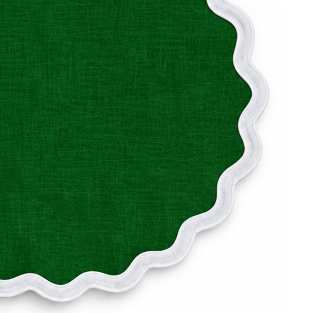 cotton dining placemat with contrasting white scalloped border, reusable table accessory for botanical, cottage, farmhouse, and casual dining table settings