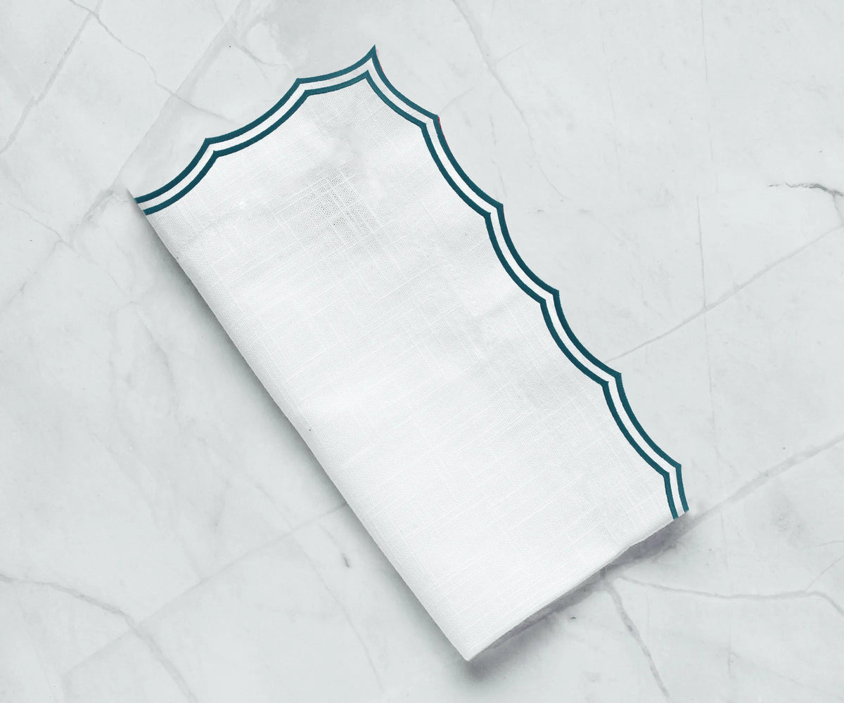 Close-up of embroidery on green cotton dinner napkin
