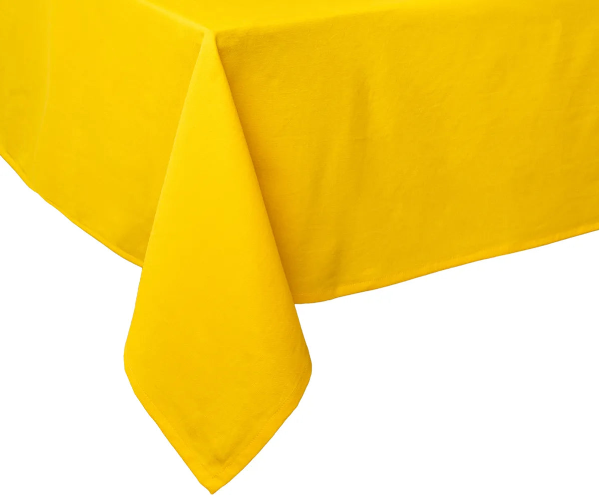100% cotton yellow tablecloth in rectangular shape, machine washable and reusable, adding a cheerful and natural touch to indoor or outdoor dining setups.