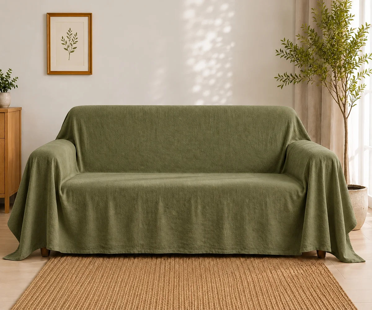 Olive green cotton linen blend sofa cover, washable reusable couch cover for furniture protection, pet hair, dust, spills, and everyday use