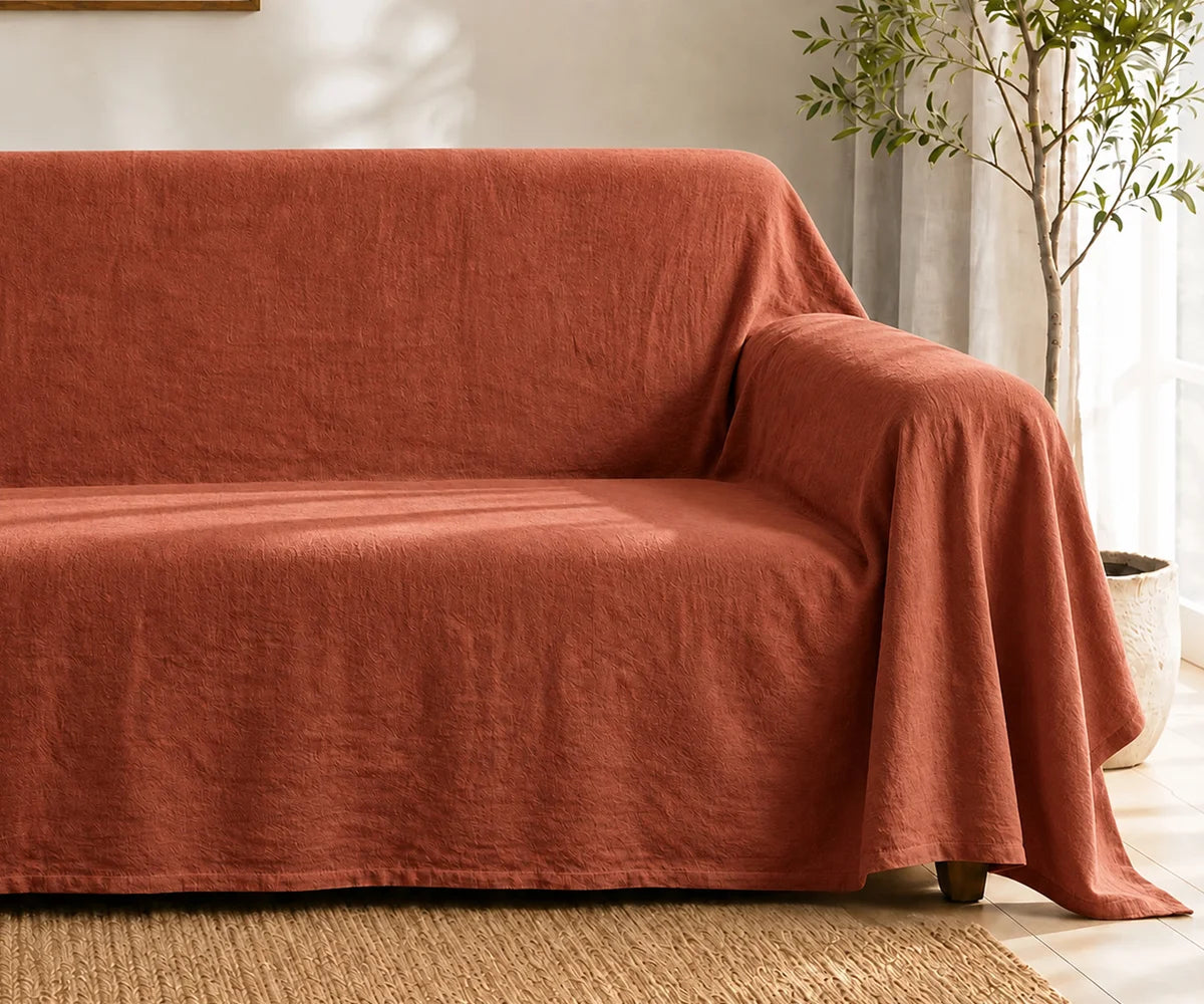 Rust washable sofa furniture cover made from cotton linen, reusable couch protector for modern, farmhouse, and minimalist living rooms