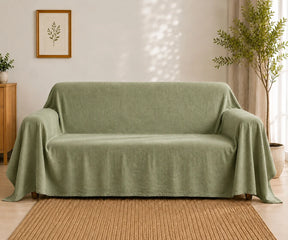 Sage green cotton linen blend sofa cover, washable reusable couch protector for spills, stains, pet hair, and everyday furniture protection