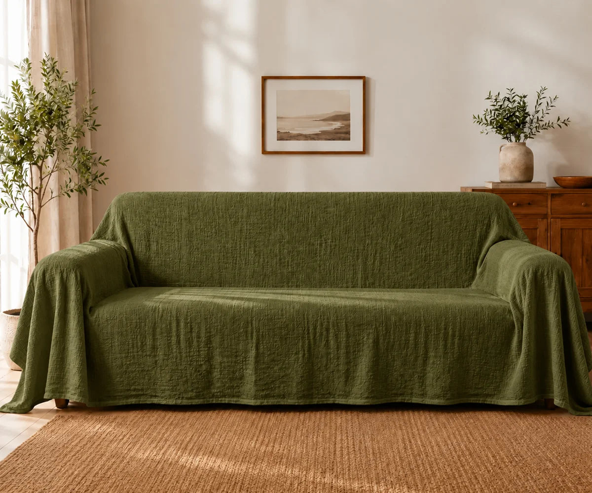 Olive green washable linen couch cover, reusable sofa furniture protector for modern, farmhouse, minimalist, and casual living rooms