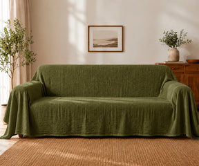 Olive green washable linen couch cover, reusable sofa furniture protector for modern, farmhouse, minimalist, and casual living rooms