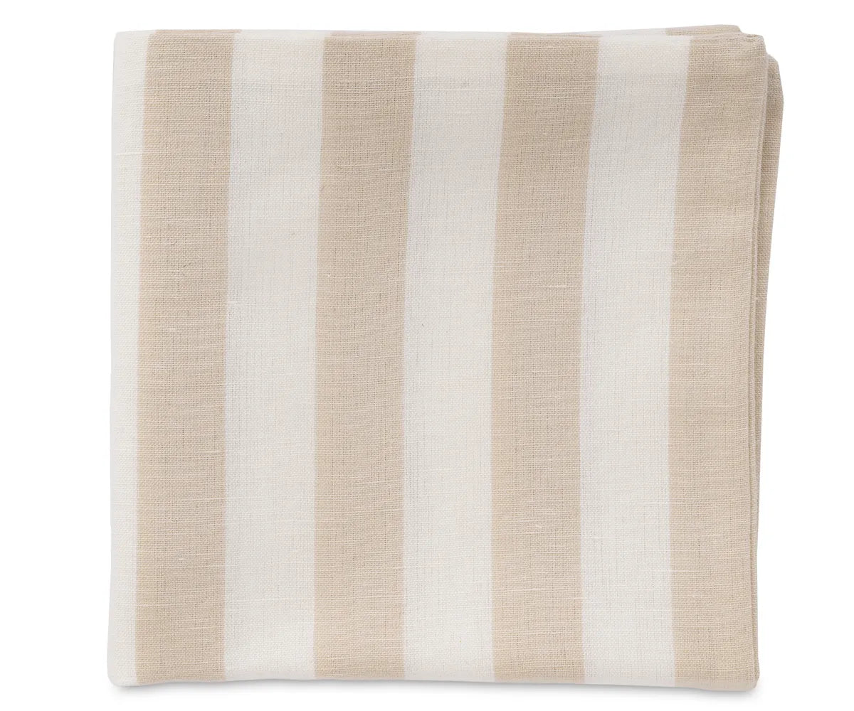 Outdoor patio setup with two beige cotton linen striped cushion covers