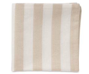 Outdoor patio setup with two beige cotton linen striped cushion covers