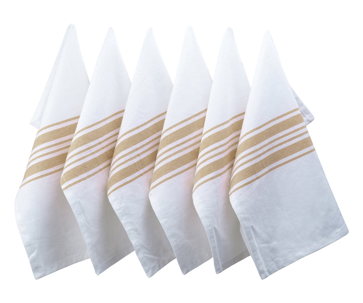 Set of six restaurant napkins with white and gold bistro stripes