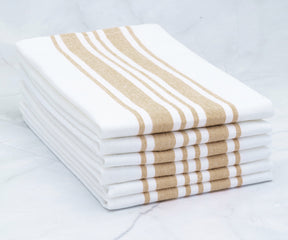Stack of four blue and white striped restaurant napkins