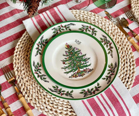 Festive table setting featuring a red and white striped bistro napkin