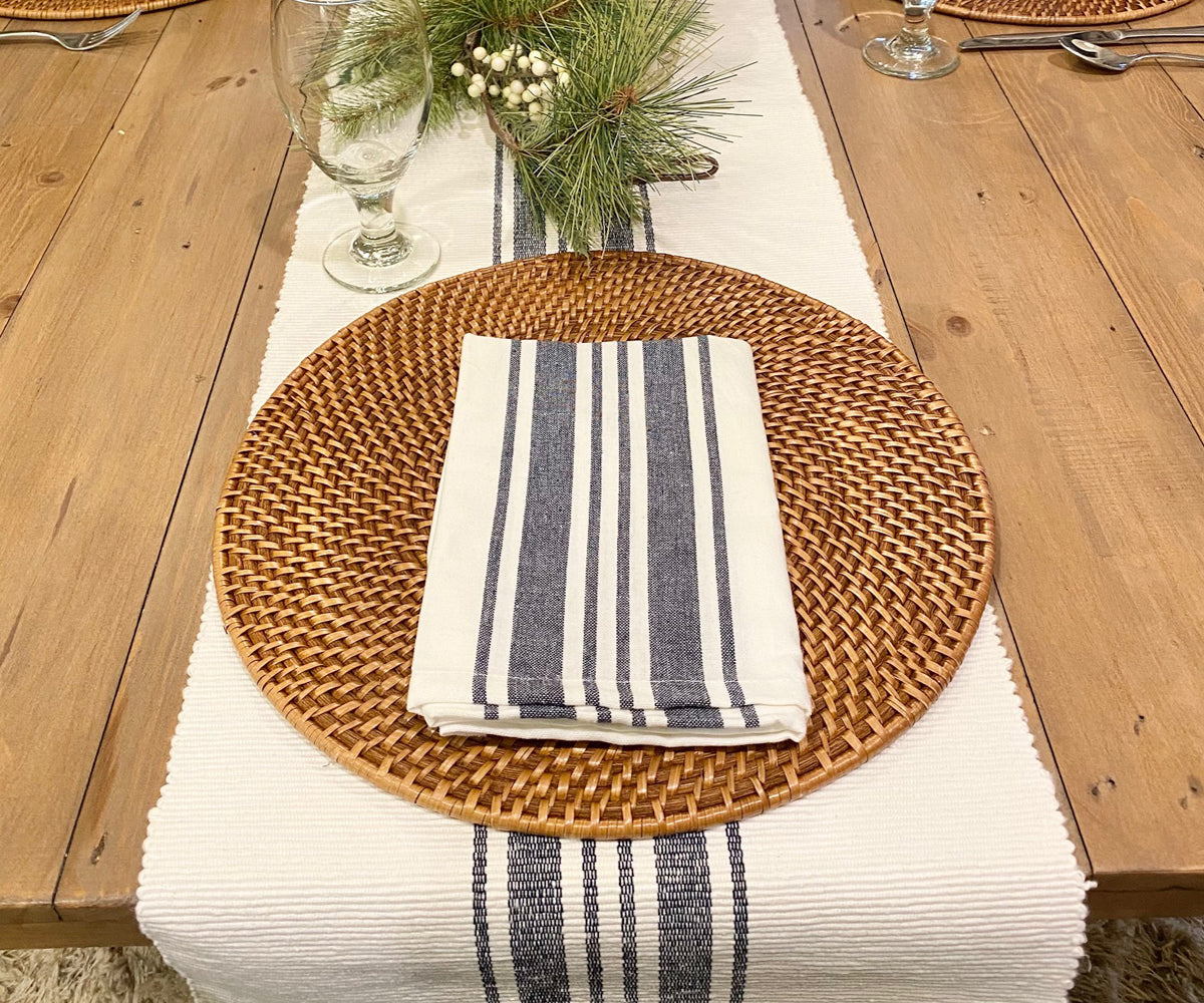 Elegant table runner with classic farmhouse stripes.