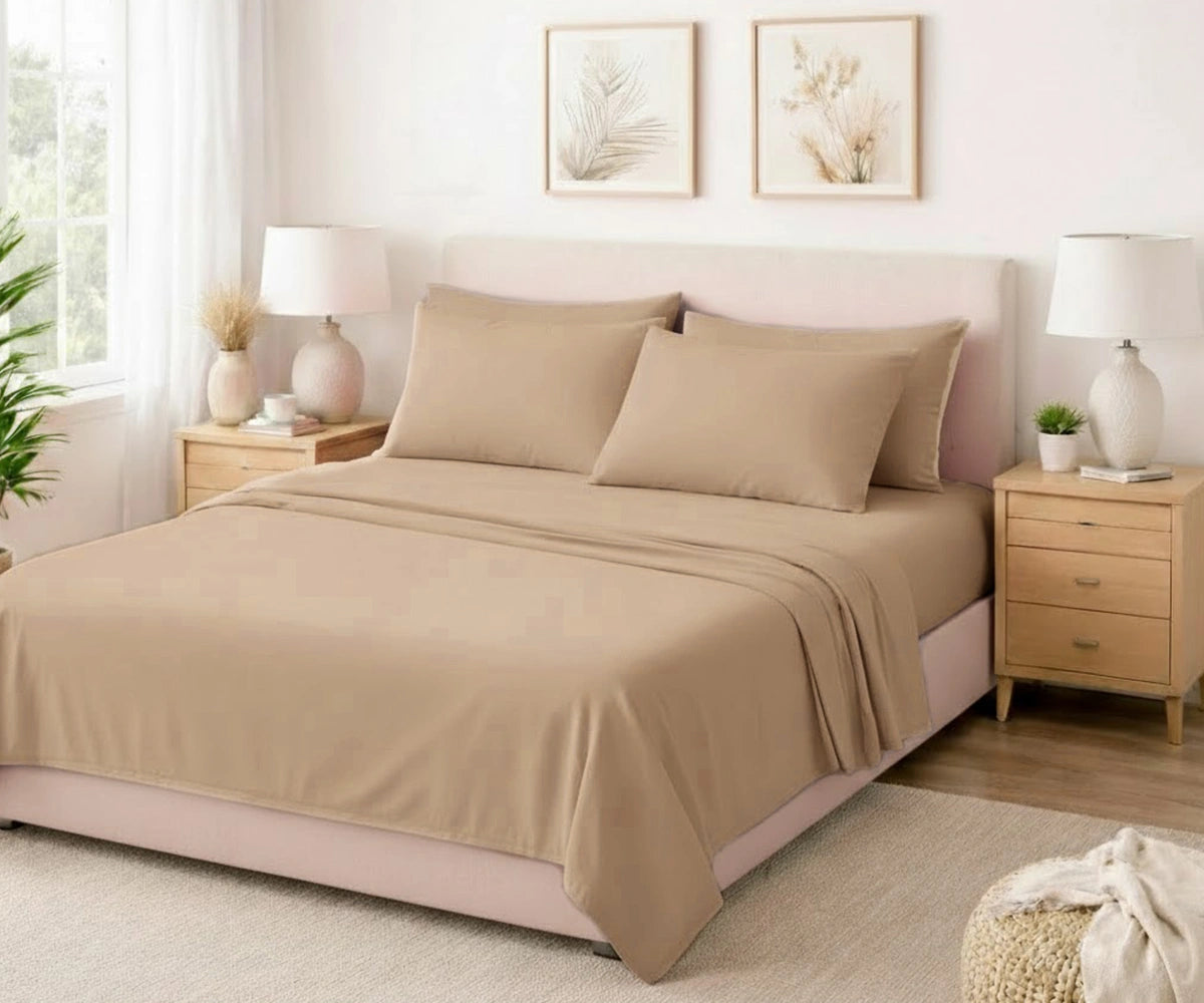 Warm beige European flax linen bedding set with deep pocket fitted sheet, luxury breathable linen sheets for king and queen beds