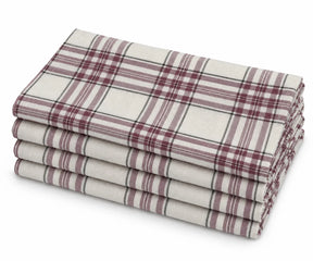 A stack of four folded plaid napkins in a cream, burgundy, and black pattern, shown on a clean white background.